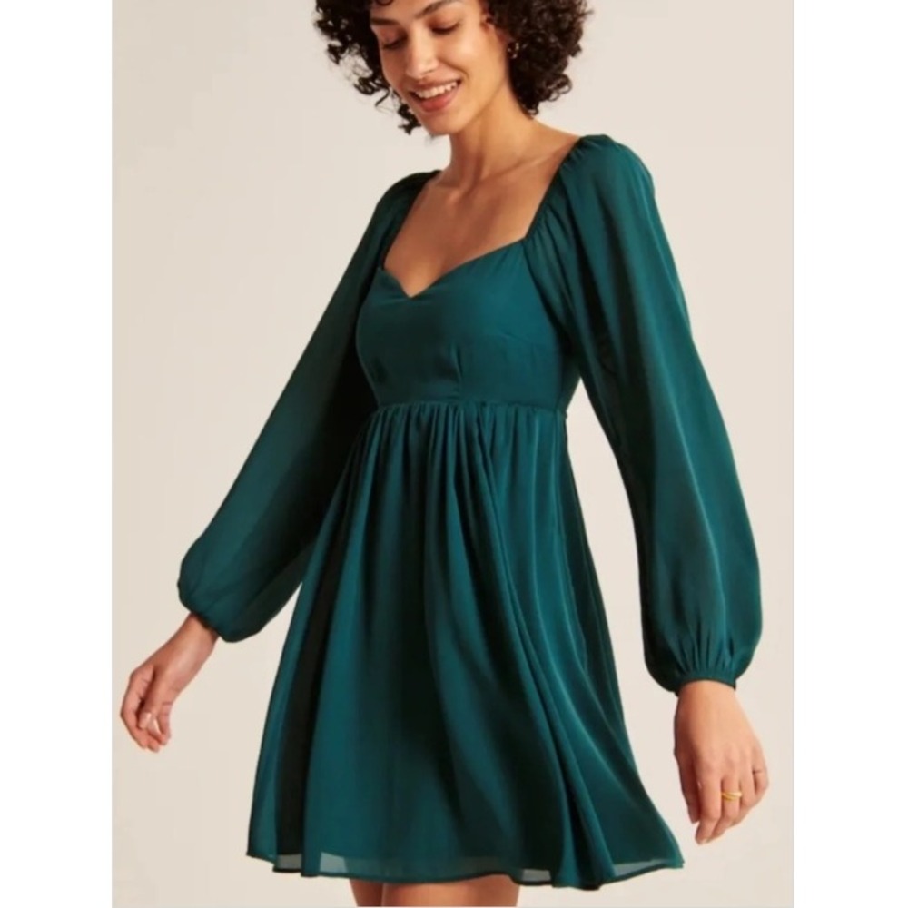 Abercrombie & Fitch Green Long Sleeve Mini Dress Sweetheart Babydoll‎ NWT S